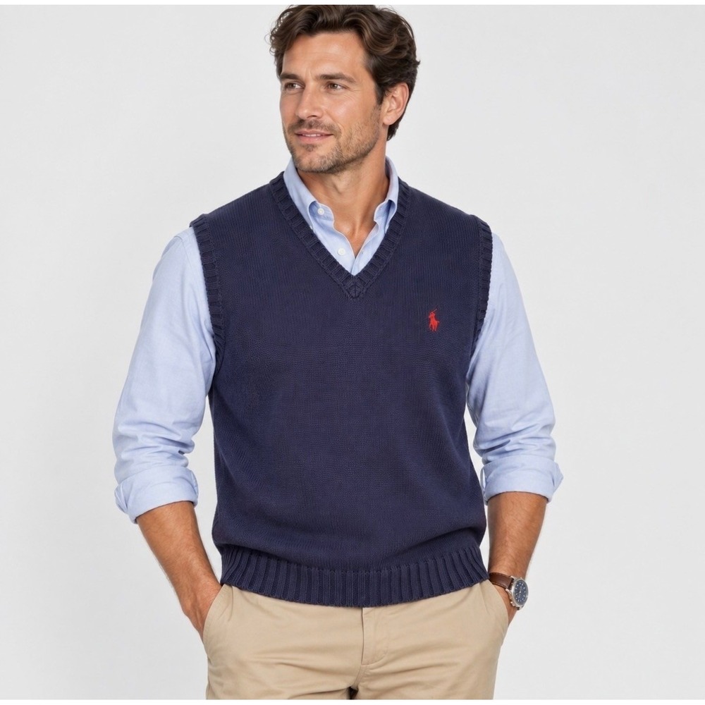 Polo Ralph Lauren V-Neck Sweater Vest Navy Blue 100% Pima Cotton Mens XL